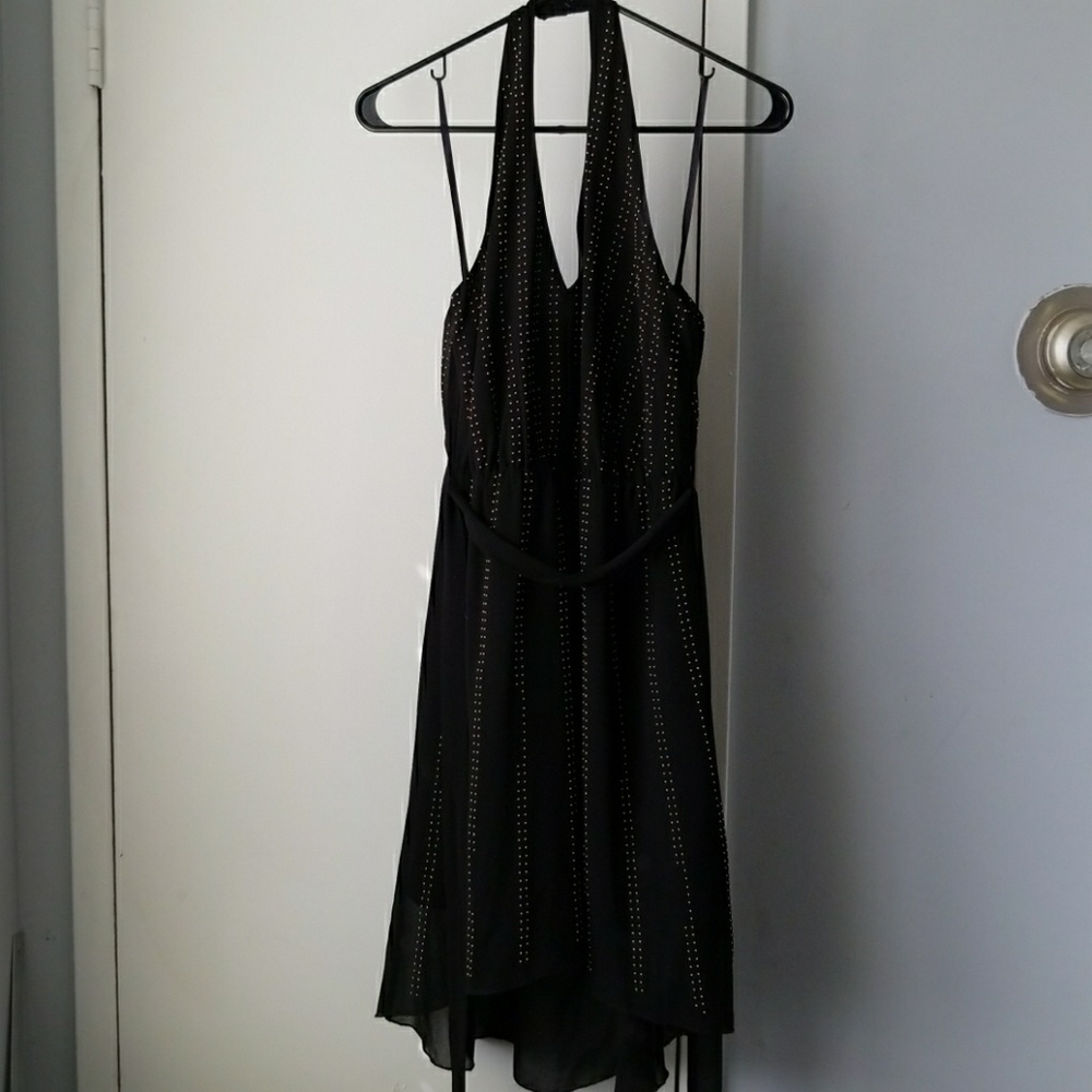 Bebe black halter dress w gold studs